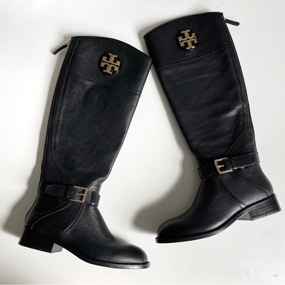 NEW Tory Burch Claire Riding Boots Pebble Leather Miller Logo Buckle Zip
